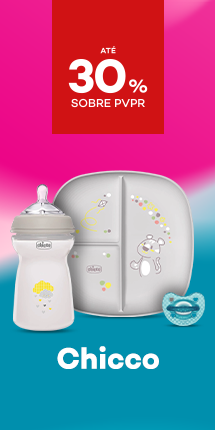 Marca Chicco com destaque promocional de at&eacute; 30% sobre pre&ccedil;o de Venda ao P&uacute;blico Recomendado